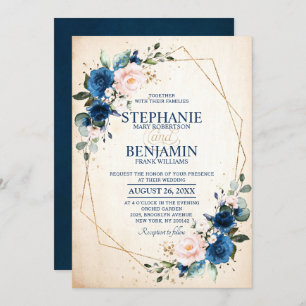 Navy Blue Blush Pink Rose Boho Geometric Wedding Invitation