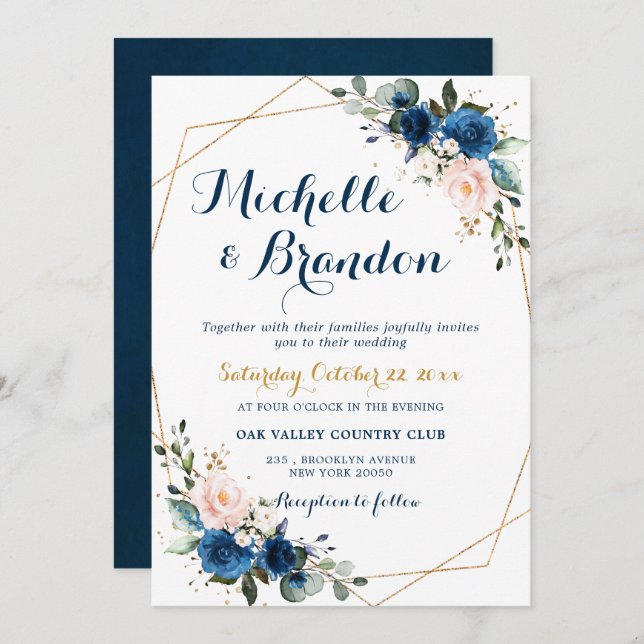 Navy Blue Blush Pink Rose Boho Geometric Wedding Invitation (Front/Back)