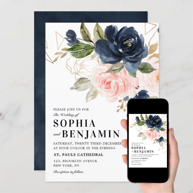 Navy Blue Blush Pink Rose Boho Geometric Wedding Invitation Zazzle