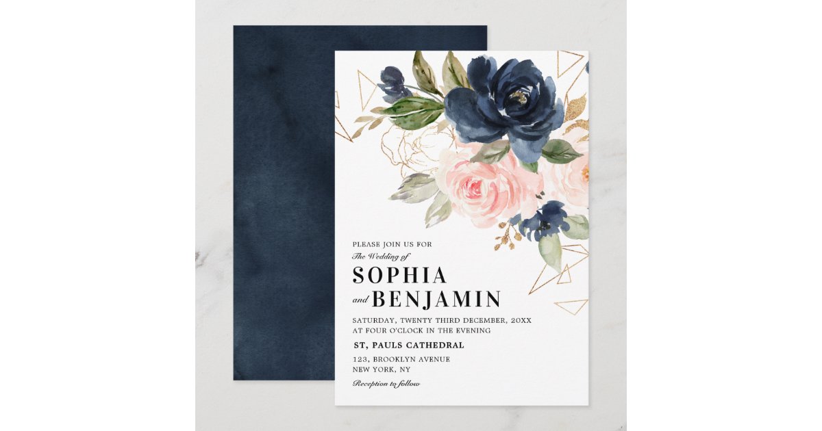 Navy Blue Blush Pink Rose Boho Geometric Wedding Invitation | Zazzle