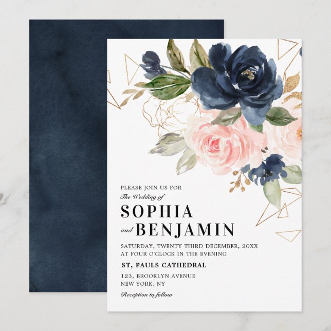 Navy Blue Blush Pink Rose Boho Geometric Wedding Invitation (Front/Back)