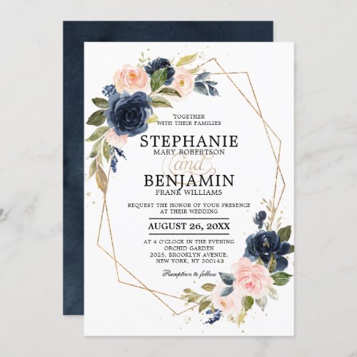 Navy Blue Blush Pink Rose Boho Geometric Wedding Invitation