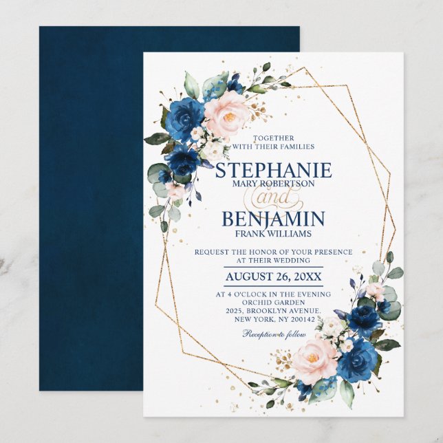 Navy Blue Blush Pink Rose Boho Geometric Wedding Invitation (Front/Back)