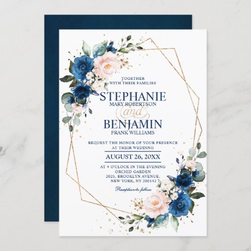 Navy Blue Blush Pink Rose Boho Geometric Wedding Invitation