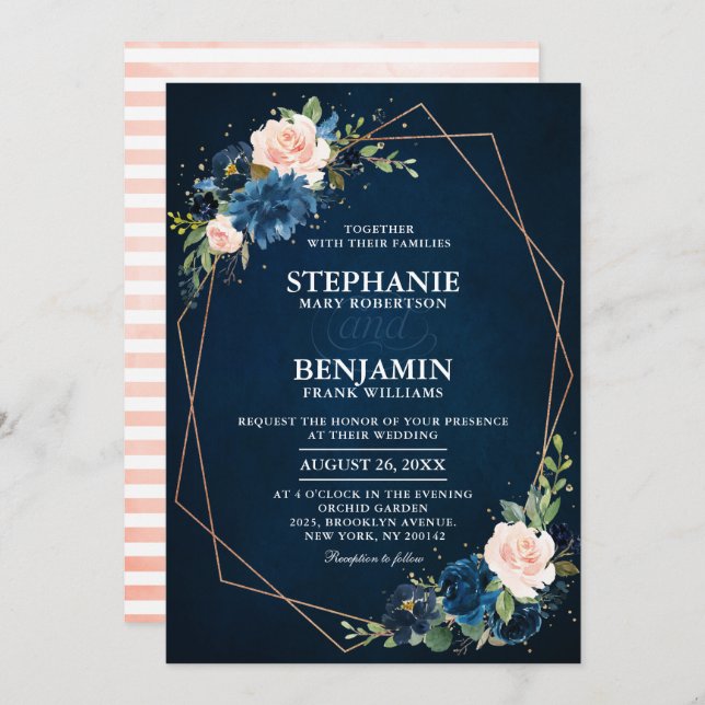 Navy Blue Blush Pink Rose Boho Geometric Wedding Invitation (Front/Back)