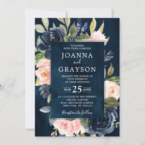 Navy Blue Blush Pink Rose Boho Geometric Wedding Invitation