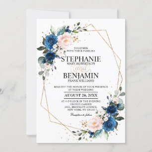Navy Blue Blush Pink Rose Boho Geometric Wedding Invitation
