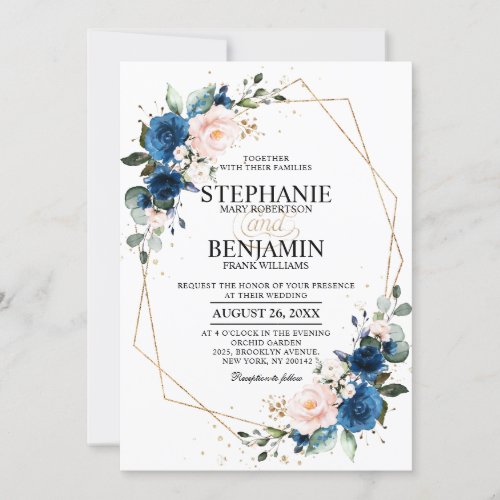 Navy Blue Blush Pink Rose Boho Geometric Wedding Invitation