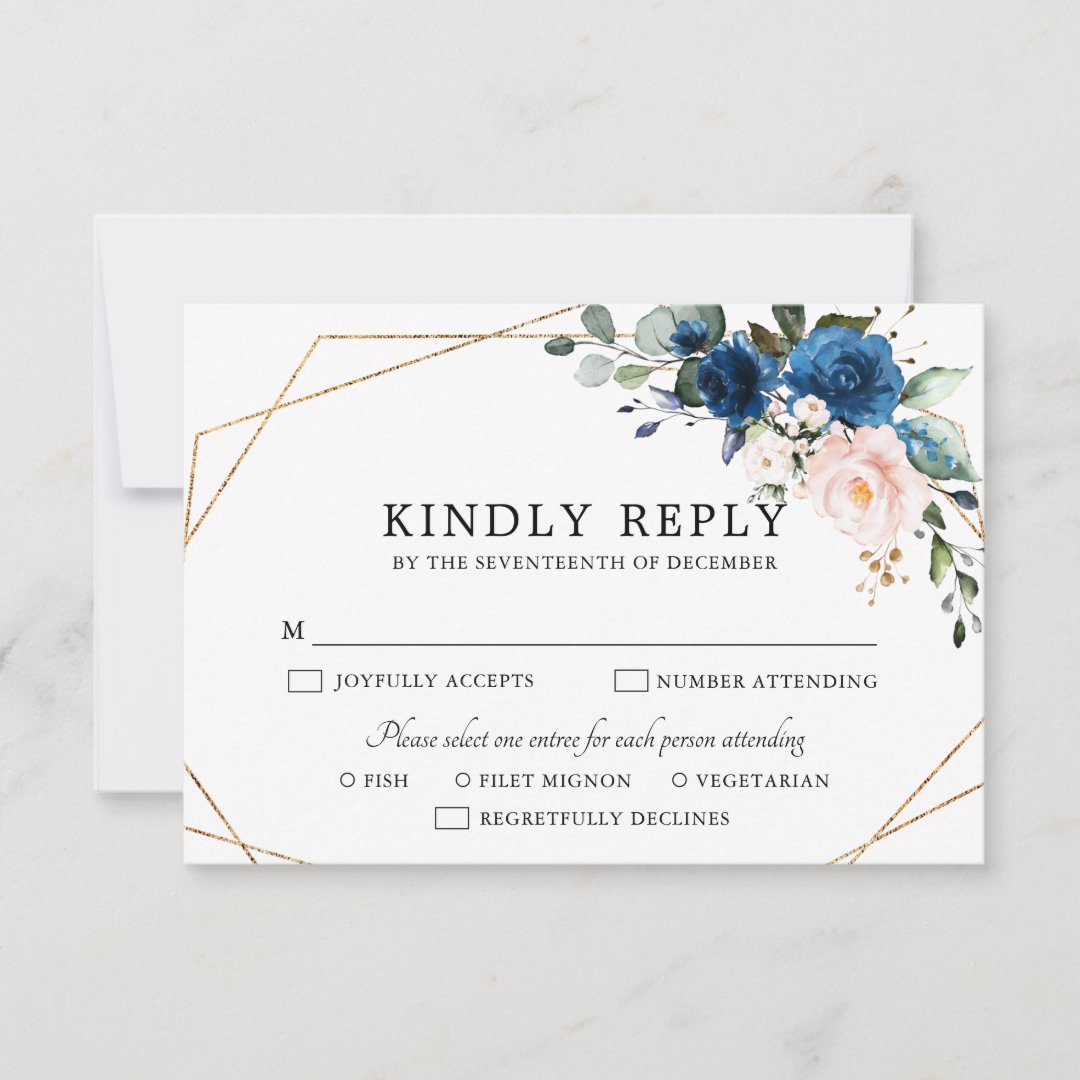 Navy Blue Blush Pink Rose Boho Geometric Wedding Rsvp Card Zazzle