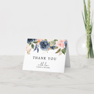 Navy Blue Blush Pink Rose Boho Letterpress Thank You Card
