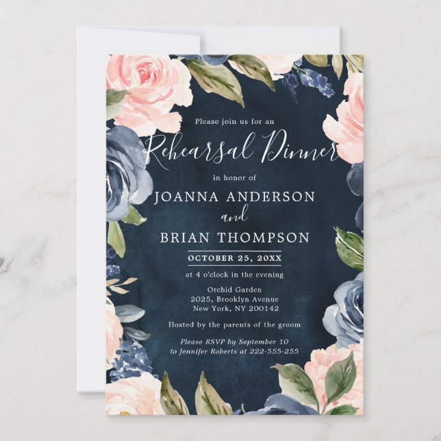 Navy Blue Blush Pink Rose Boho Rehearsal Dinner Invitation (Front)