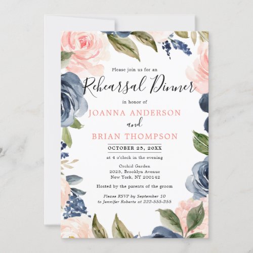 Navy Blue Blush Pink Rose Boho Rehearsal Dinner Invitation