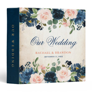 Navy Blue Blush Pink Rose Boho Rustic Wedding 3 Ring Binder