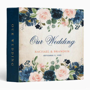 Navy Blue Blush Pink Rose Boho Rustic Wedding 3 Ring Binder