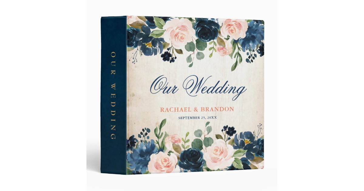Navy Blue Blush Pink Rose Boho Rustic Wedding 3 Ring Binder | Zazzle