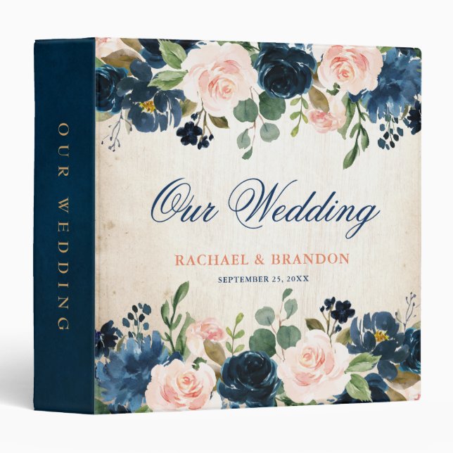 Navy Blue Blush Pink Rose Boho Rustic Wedding 3 Ring Binder (Front/Spine)