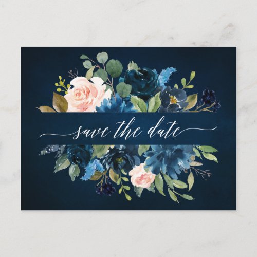 Navy Blue Blush Pink Rose Boho Save the Date Announcement Postcard