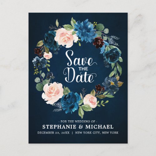 Navy Blue Blush Pink Rose Boho Save the Date Announcement Postcard