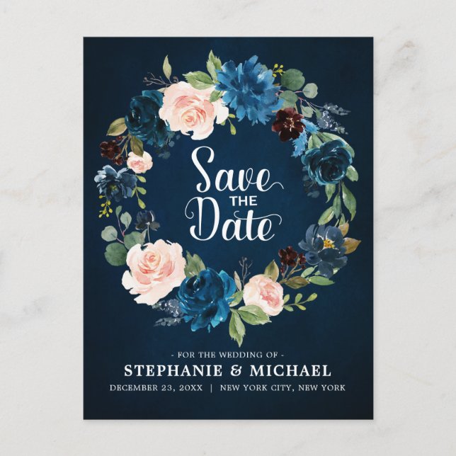 Navy Blue Blush Pink Rose Boho Save the Date Announcement Postcard (Front)