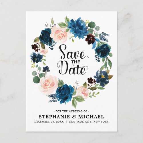 Navy Blue Blush Pink Rose Boho Save the Date Announcement Postcard