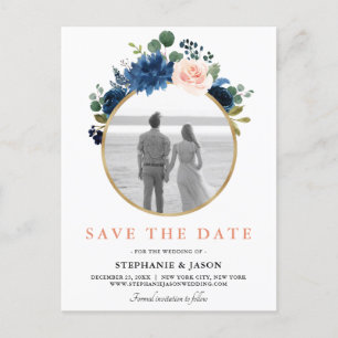 Navy Blue Blush Pink Rose Boho Save the Date Announcement Postcard