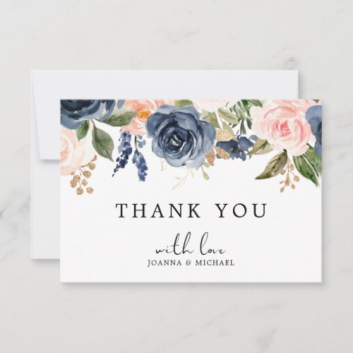 Navy Blue Blush Pink Rose Boho Thank You Card