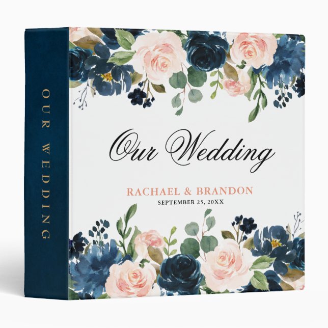 Navy Blue Blush Pink Rose Boho Wedding 3 Ring Binder (Front/Spine)