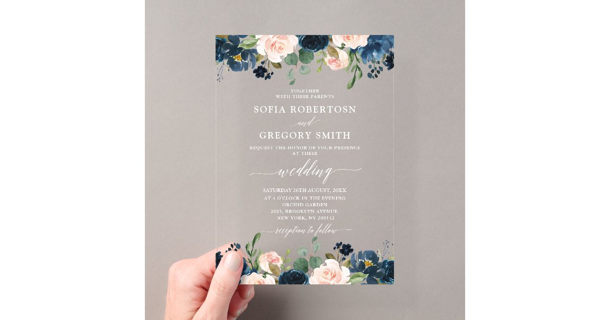 Navy Blue Blush Pink Rose Boho Wedding Acrylic Invitations | Zazzle