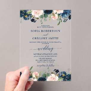 Navy Blue Blush Pink Rose Boho Wedding Acrylic Invitations