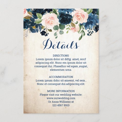 Navy Blue Blush Pink Rose Boho Wedding Details Enclosure Card