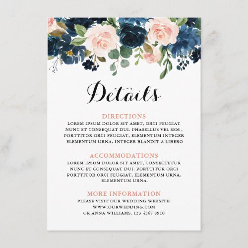 Navy Blue Blush Pink Rose Boho Wedding Details Enclosure Card