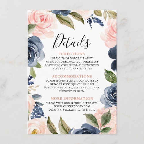 Navy Blue Blush Pink Rose Boho Wedding Details Enclosure Card
