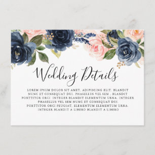 Navy Blue Blush Pink Rose Boho Wedding Details Enclosure Card