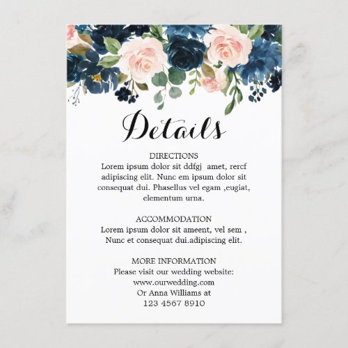 Navy Blue Blush Pink Rose Boho Wedding Details Enclosure Card