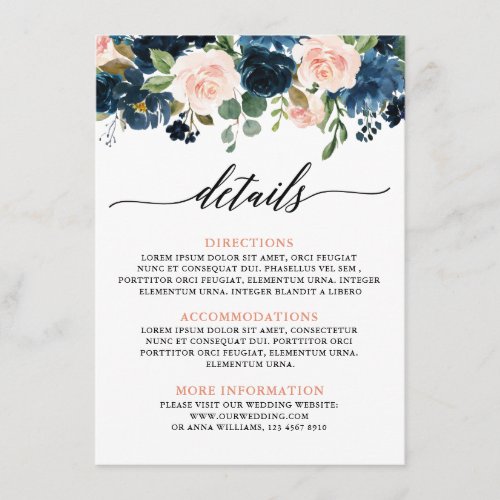 Navy Blue Blush Pink Rose Boho Wedding Details Enclosure Card