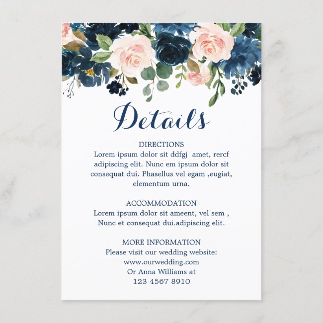 Navy Blue Blush Pink Rose Boho Wedding Details Enclosure Card