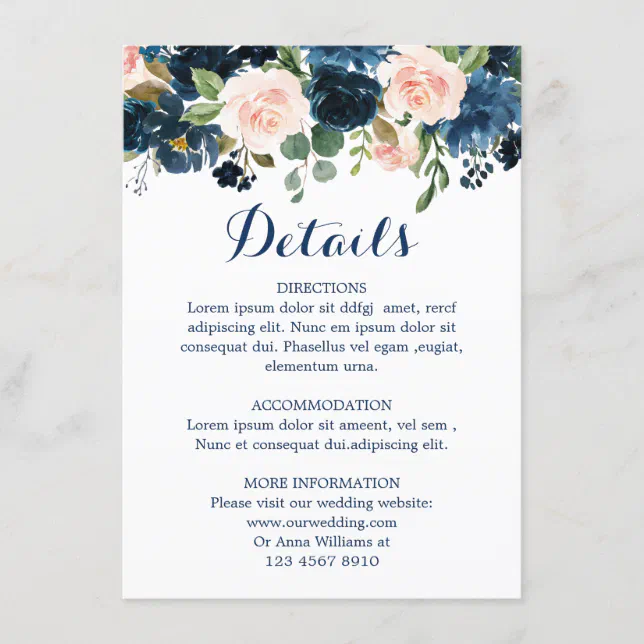 Navy Blue Blush Pink Rose Boho Wedding Details Enclosure Card Zazzle 