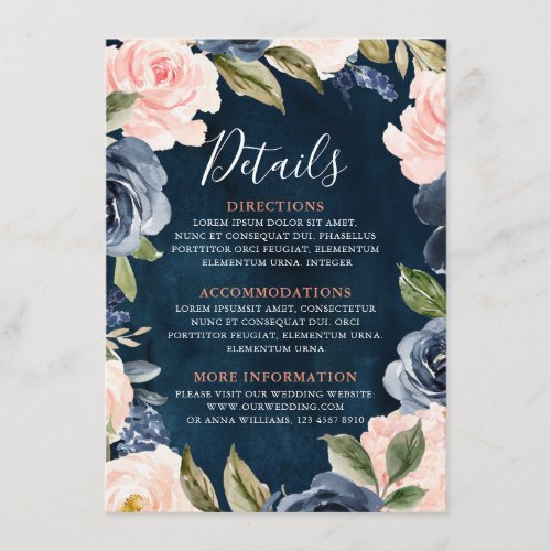 Navy Blue Blush Pink Rose Boho Wedding Details Enclosure Card