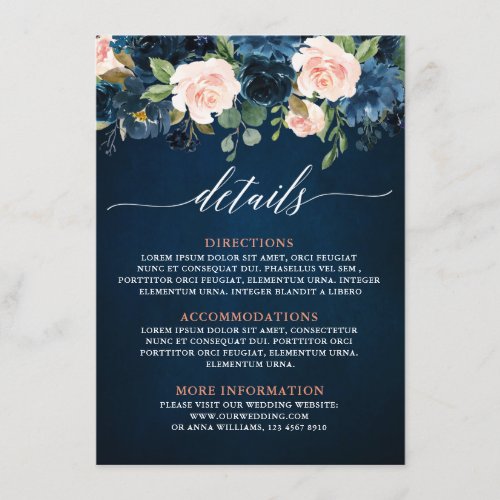 Navy Blue Blush Pink Rose Boho Wedding Details Enclosure Card