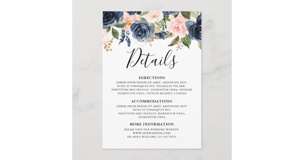 Navy Blue Blush Pink Rose Boho Wedding Details Enclosure Card | Zazzle
