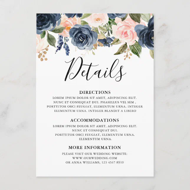 Navy Blue Blush Pink Rose Boho Wedding Details Enclosure Card | Zazzle