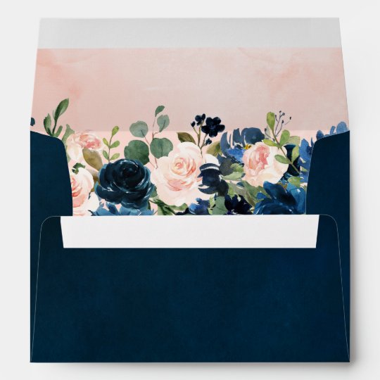 Navy Blue Blush Pink Rose Boho Wedding Envelope