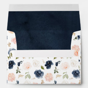 Navy Blue Blush Pink Rose Boho Wedding Envelope