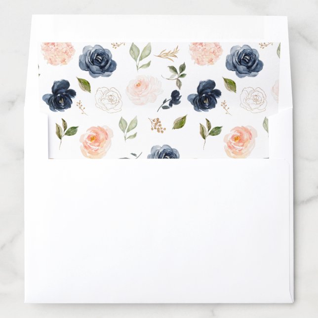 Navy Blue Blush Pink Rose Boho Wedding Envelope Liner (In Envelope)
