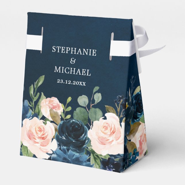 Navy Blue Blush Pink Rose Boho Wedding Favor Boxes (Back Side)
