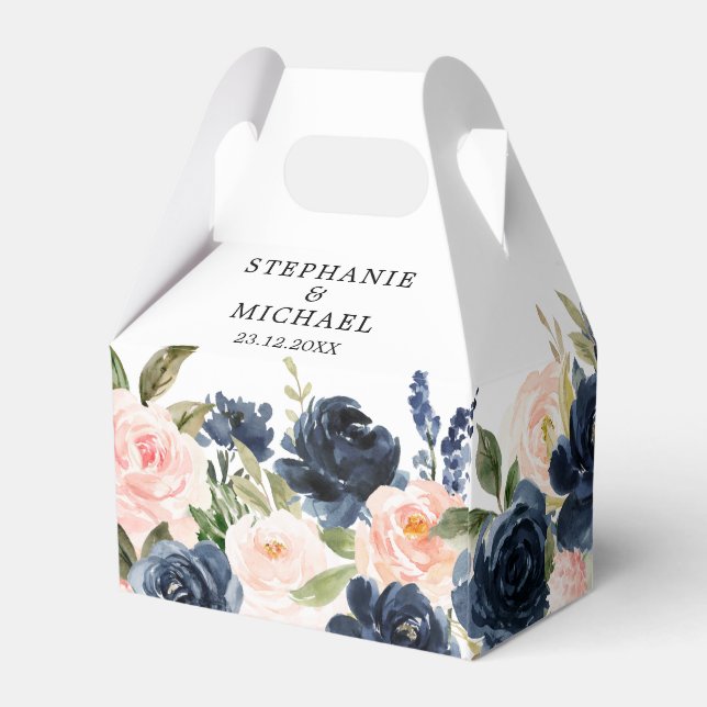 Navy Blue Blush Pink Rose Boho Wedding Favor Boxes (Back Side)