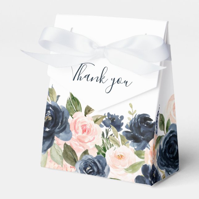 Navy Blue Blush Pink Rose Boho Wedding Favor Boxes (Front Side)