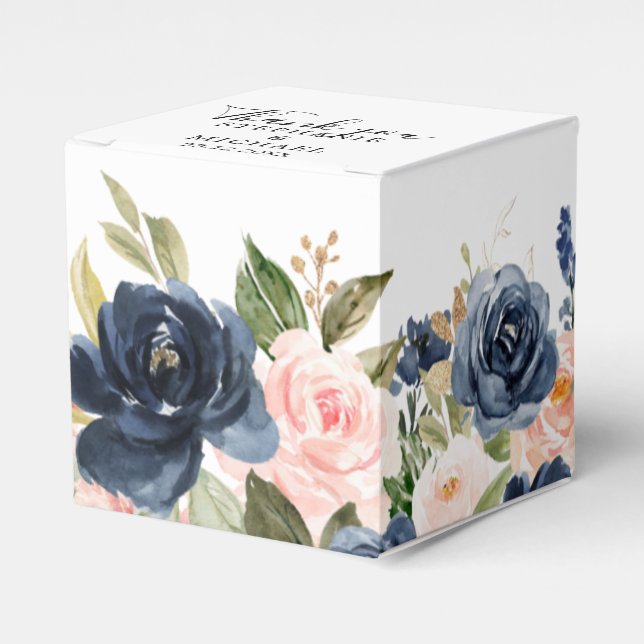 Navy Blue Blush Pink Rose Boho Wedding Favor Boxes (Front Side)