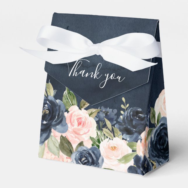 Navy Blue Blush Pink Rose Boho Wedding Favor Boxes (Front Side)