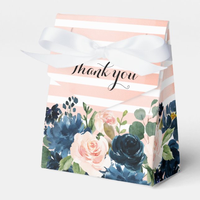 Navy Blue Blush Pink Rose Boho Wedding Favor Boxes (Front Side)